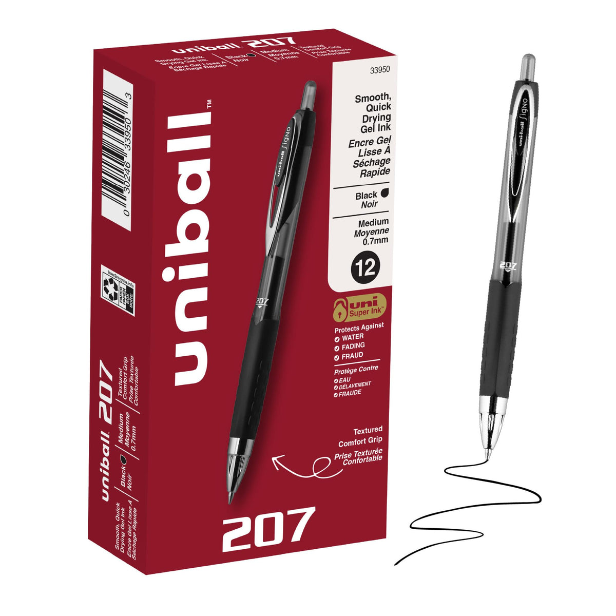 uniball™ 207 Gel Pens, Black Ink, 0.7mm Medium Point, Retractable, 4 Count