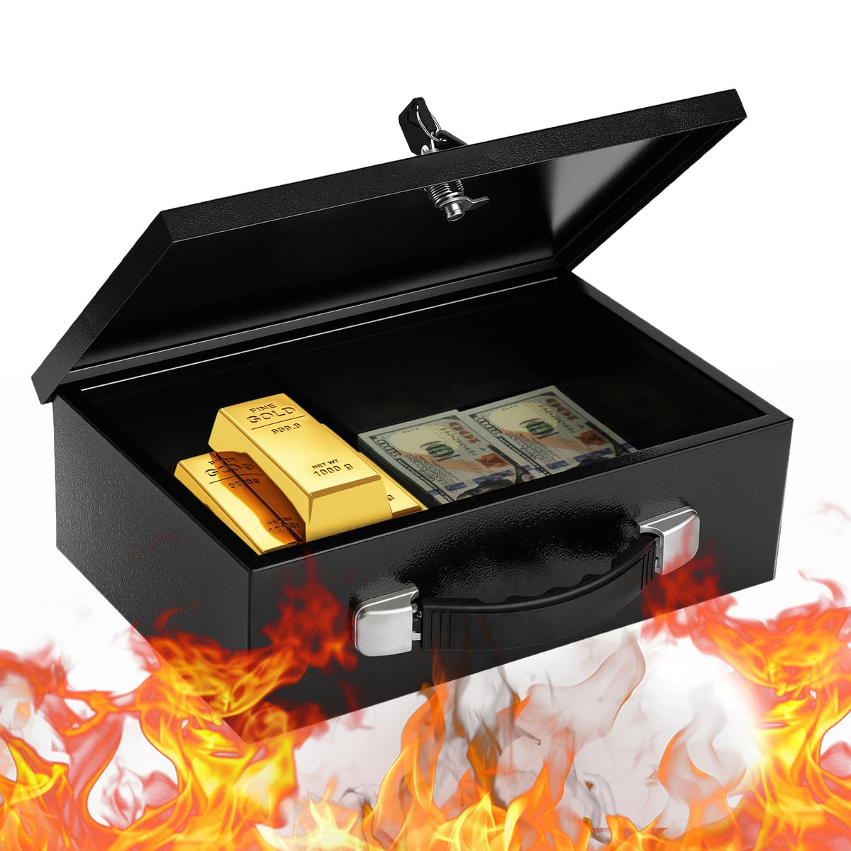 Fireproof Document Box with Key Lock – Fire Resistant Safe Box for Home, Portable Lock Box for Personal Items, Passport, Cash, Tablet, 13.2" x 11" x 4.13" Black XL