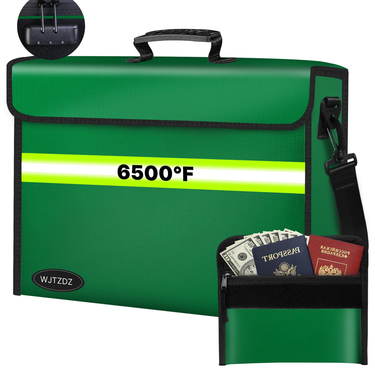 6500°F Fireproof Document Bag with Lock-Fireproof Box with 10 Layers Insulation Materials&Waterproof Zipper,Removable Wallet,Reflective Strip for Cash,Documents,Jewelry(14.2”x 9.6”x 4.1”)