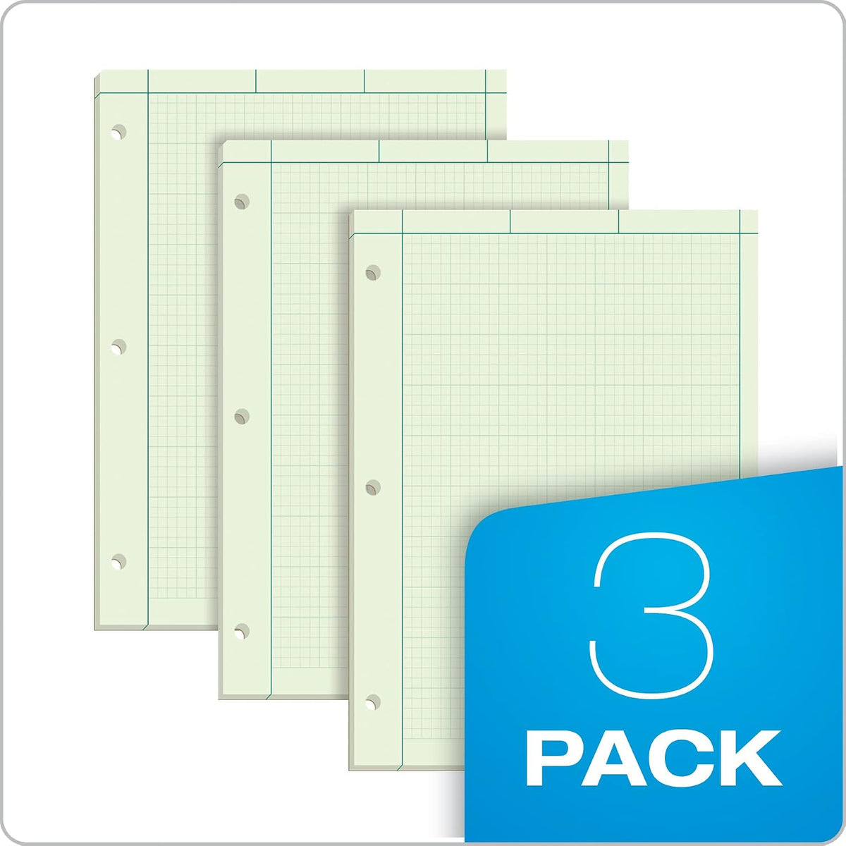 TOPS Engineering Notebooks, Graph Notebooks, 3 Pk Quad Ruled Pad, 8-1/2" x 11", Glue Top, 5 x 5 Graph Rule on Back, Green Tint Paper, 3-Hole Punched, 100 Sheets per Pad (35507A)