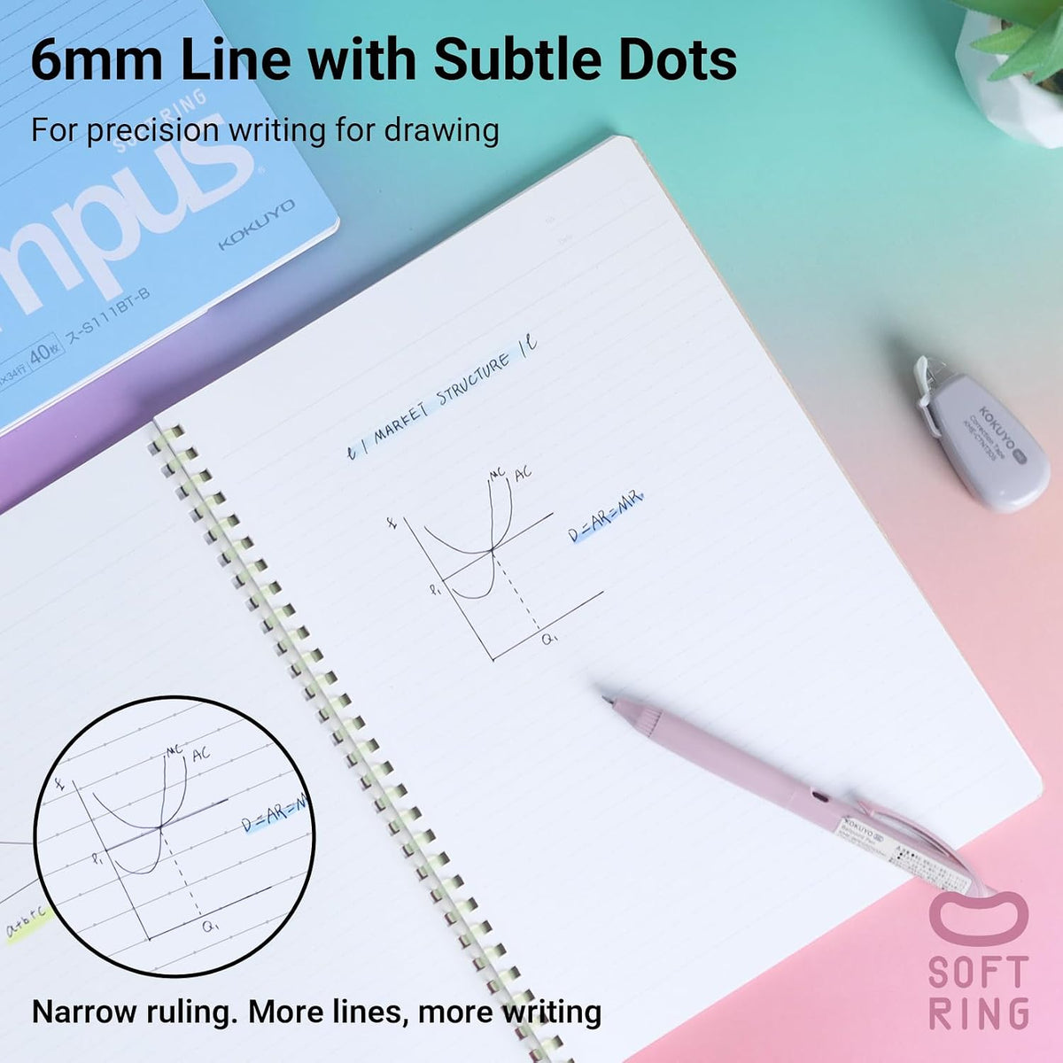 KOKUYO Spiral Lined Notebook, 5 Pack 8.3'' x 5.8'' Pastel Journal A5 Campus Soft Ring Notebooks with Dot 6 mm Ruled, 50 Sheets, 1 Subject Notebook, Note Taking for School (SU-S131BT)