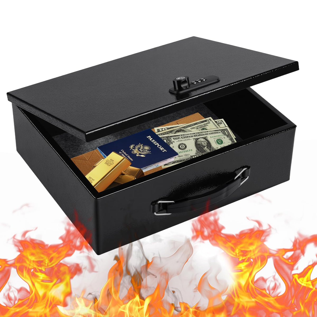Fireproof Document Box with Key Lock – Fire Resistant Safe Box for Home, Portable Lock Box for Personal Items, Passport, Cash, Tablet, 13.2" x 11" x 4.13" Black XL