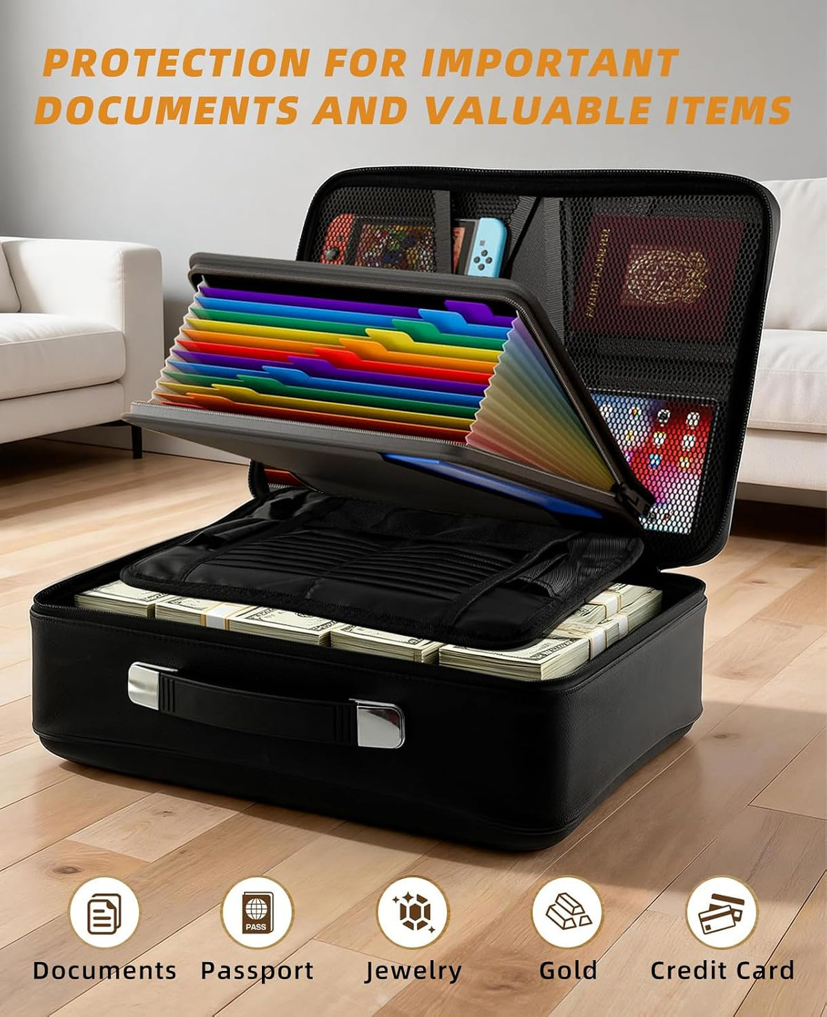 Fireproof Document Box with Lock,Hard-Shell Case File Organizer with 13 Pocket File Folder,Portable Office Travel Storage for Important Documents Passport Laptop (Black, Style B)