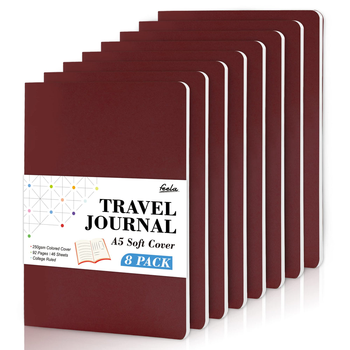 8 Pack Soft Cover Journal Bulk, Feela Notebooks College Ruled for Work, Lined Travel Journal for Women Men, Note Taking Notebook School Supplies Business Writing, 8.2” x 5.5”, A5, Black