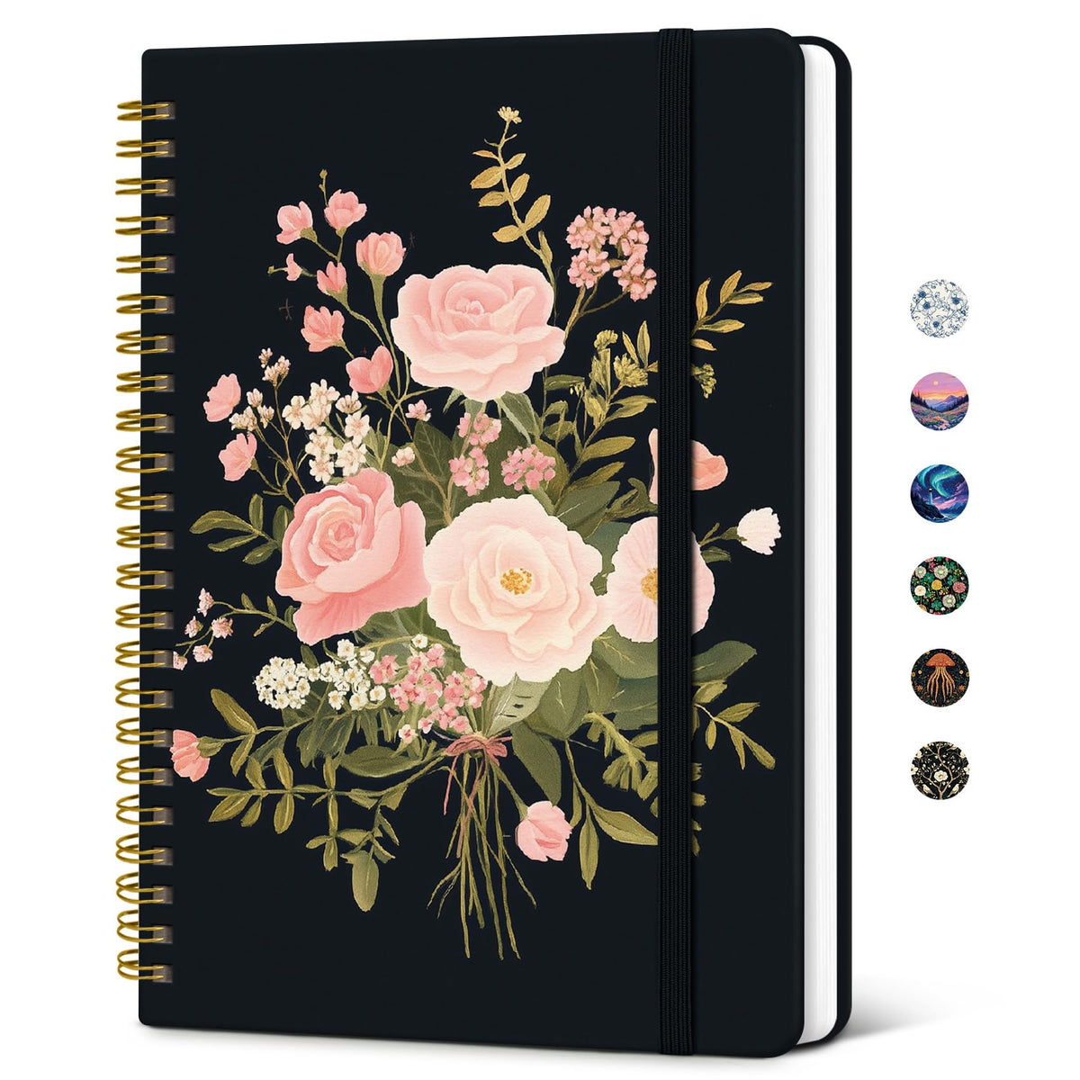 Taja Lined Spiral Journal Notebook for Women, Pretty College Ruled Notebook for Work & Note Taking, A5 Hardcover Journal for Writing, Cute Aesthetic 140 Pages, Midnight Bloom