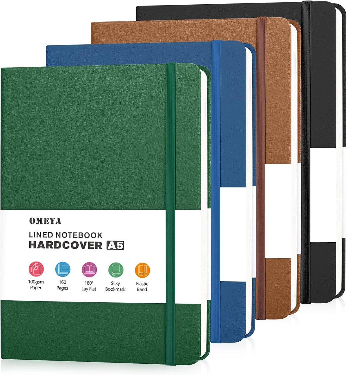 OMEYA Hardcover Journal Notebooks for Work: 4 Pack, A5 100gsm Lined Paper