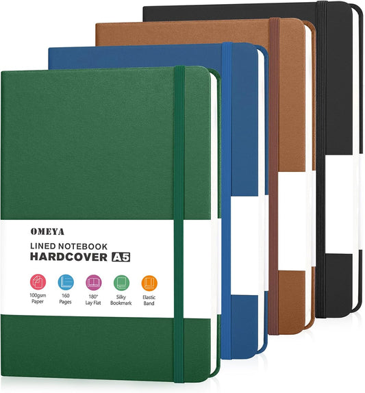 OMEYA Hardcover Journal Notebooks for Work: 4 Pack, A5 100gsm Lined Paper