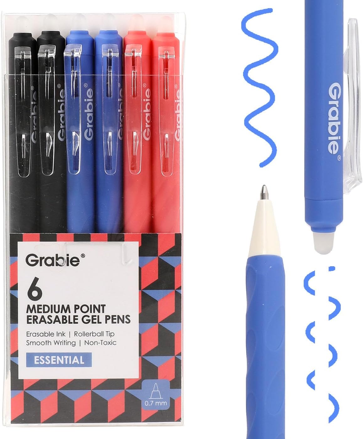 Grabie Erasable Gel Pens, 6 Pack Black Blue Red 0.7 mm Medium Point