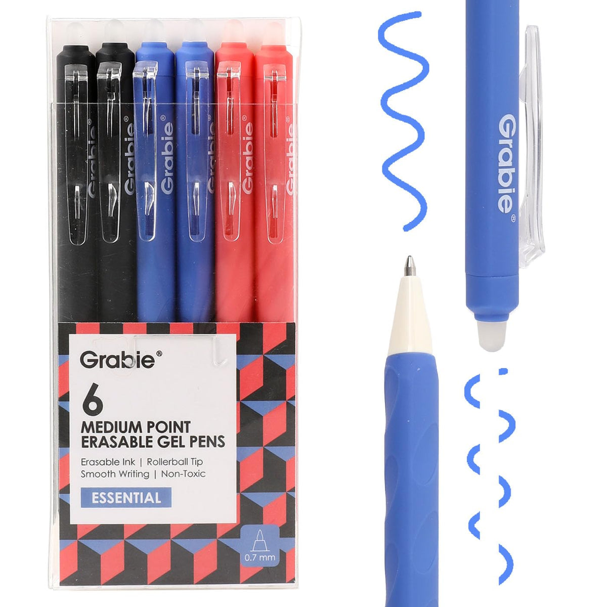 Grabie Erasable Gel Pens, 6 Pack Black Blue Red 0.7 mm Medium Point