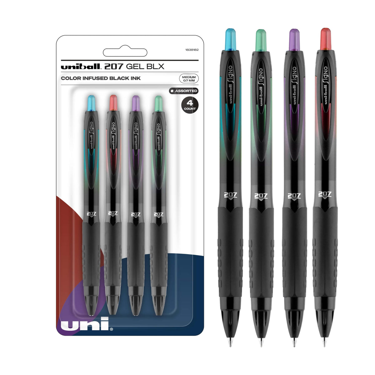 uniball™ 207 Gel Pens, Black Ink, 0.7mm Medium Point, Retractable, 4 Count