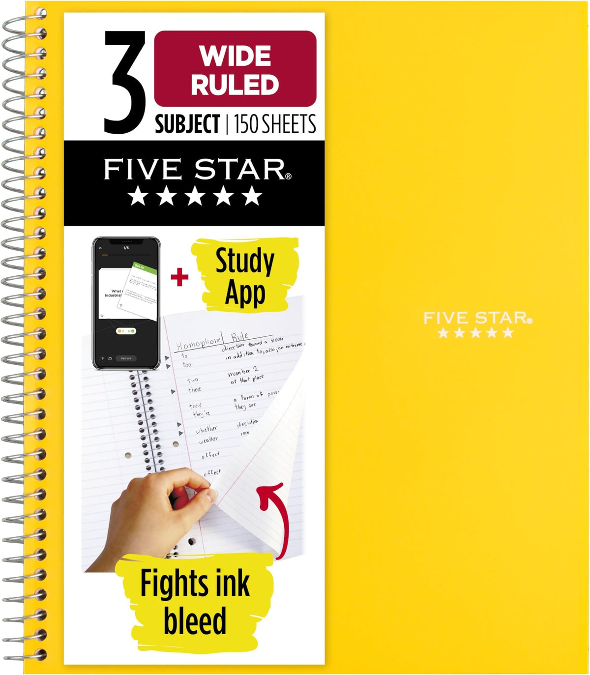 Five Star Spiral Notebook + Study App, 3 Subject, Wide Ruled Paper, 10-1/2" x 8", 150 Sheets, Red (72029)