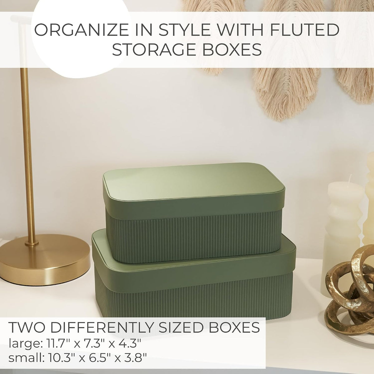 Decorative Storage Boxes with Lids - Set of 2 Fluted Photo Organizer Bins