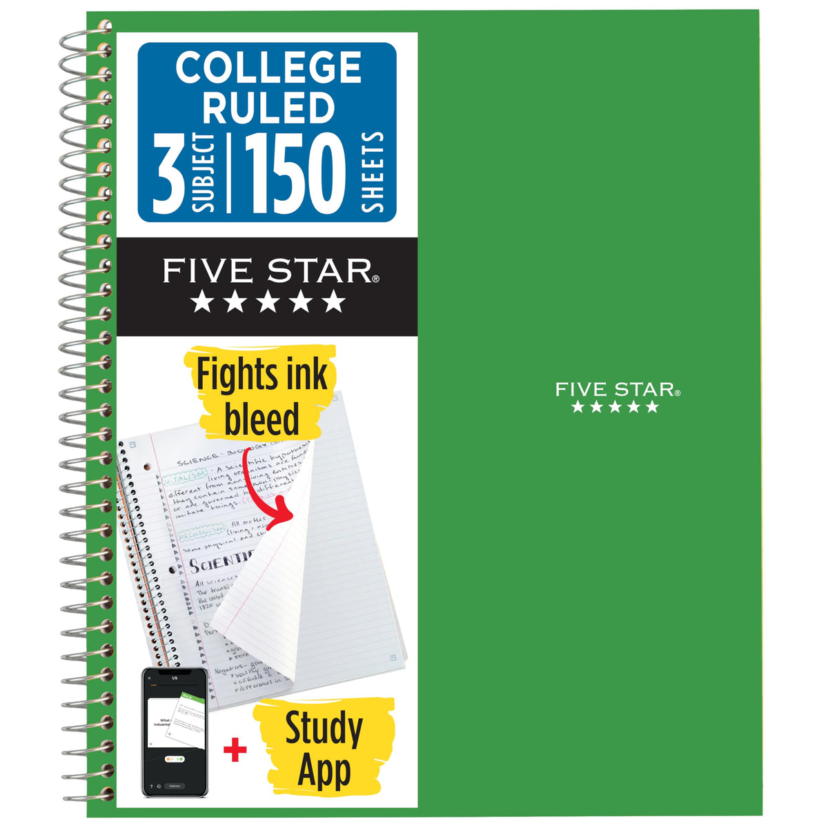 Five Star Spiral Notebook + Study App, 3 Subject, College Ruled Paper, 8.5" x 11", 150 Sheets, Blue (Color May Vary) (820003NH0)