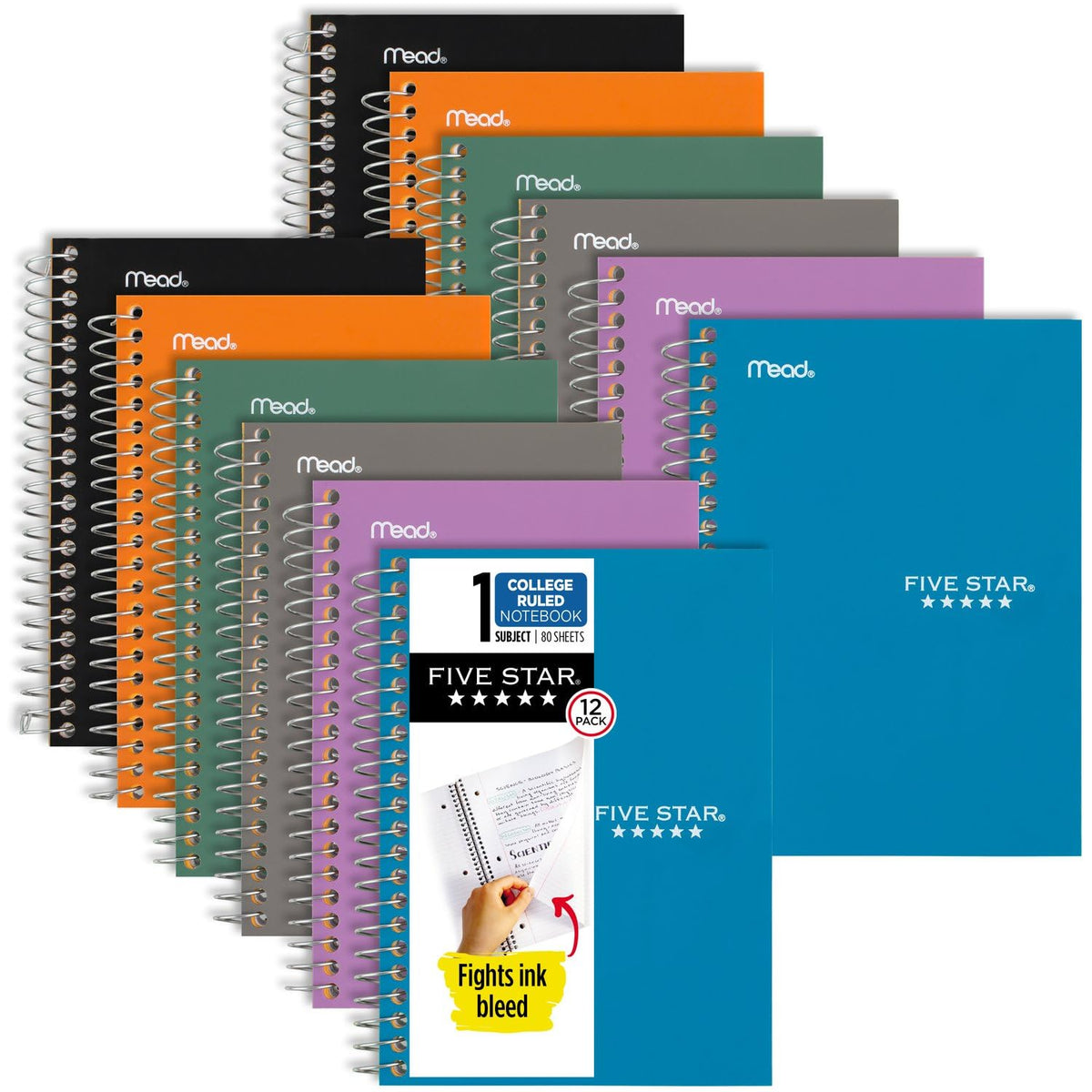 Five Star Spiral Notebooks, 6 Pack, 1 Subject, College Ruled Paper, 7" x 4-3/8", Personal Size, 80 Sheets, Purple, Orange, Green, Blue, Gray, Black (450048A-ECM)