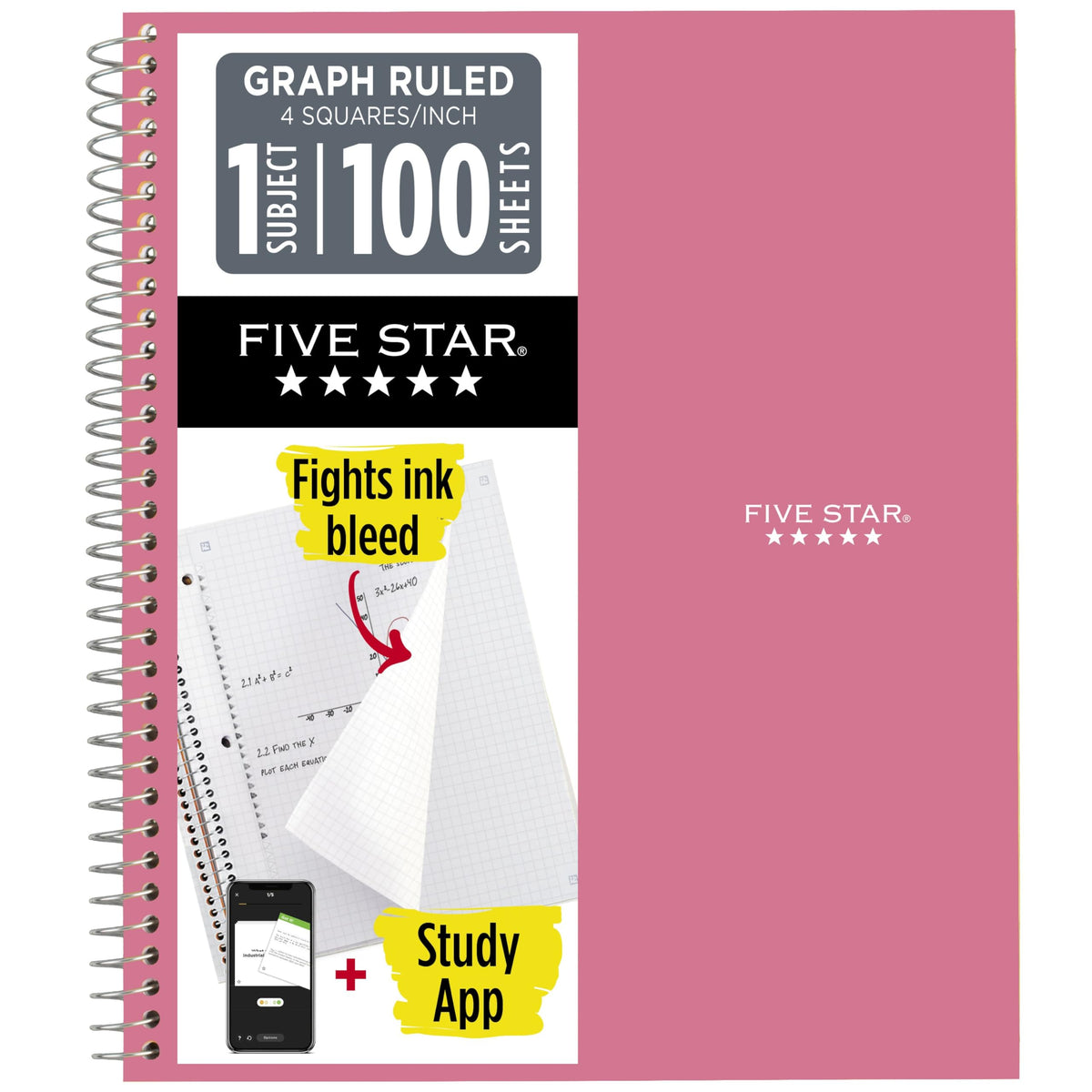 Five Star Spiral Notebook + Study App, 1 Subject, Graph Ruled Paper, 8-1/2" x 11", 100 Sheets, Fights Ink Bleed, Water Resistant Cover, Tidewater Blue (06190AA4)
