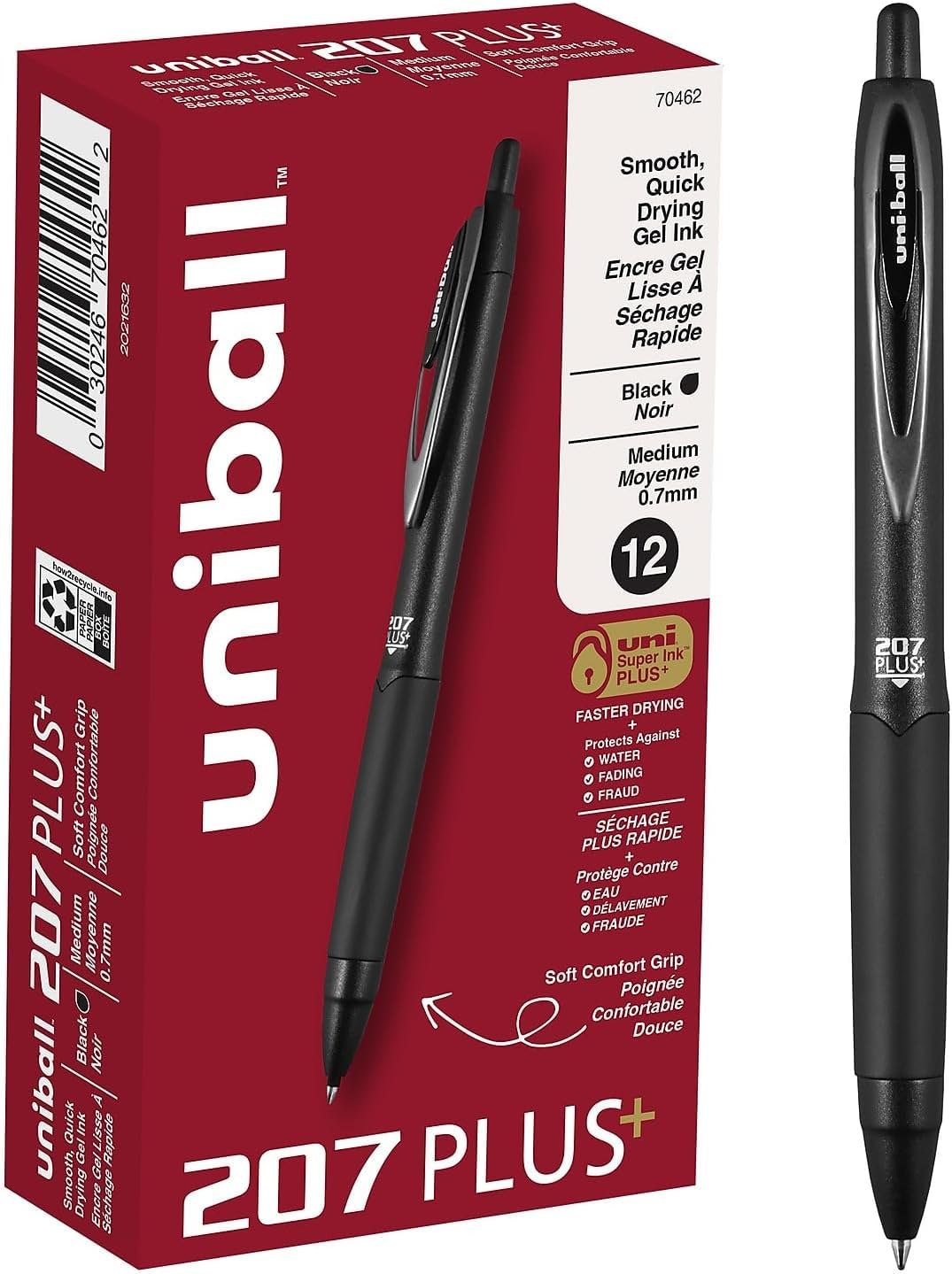 uniball™ 207 Gel Pens, Black Ink, 0.5mm Micro Point, Retractable, 12 Count
