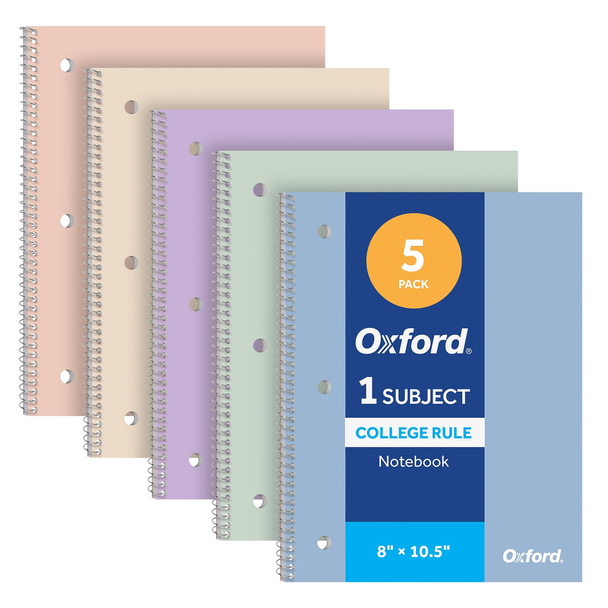 Oxford Spiral Notebooks, 5 Pack, College Ruled, 70 Sheets, Pastel Covers