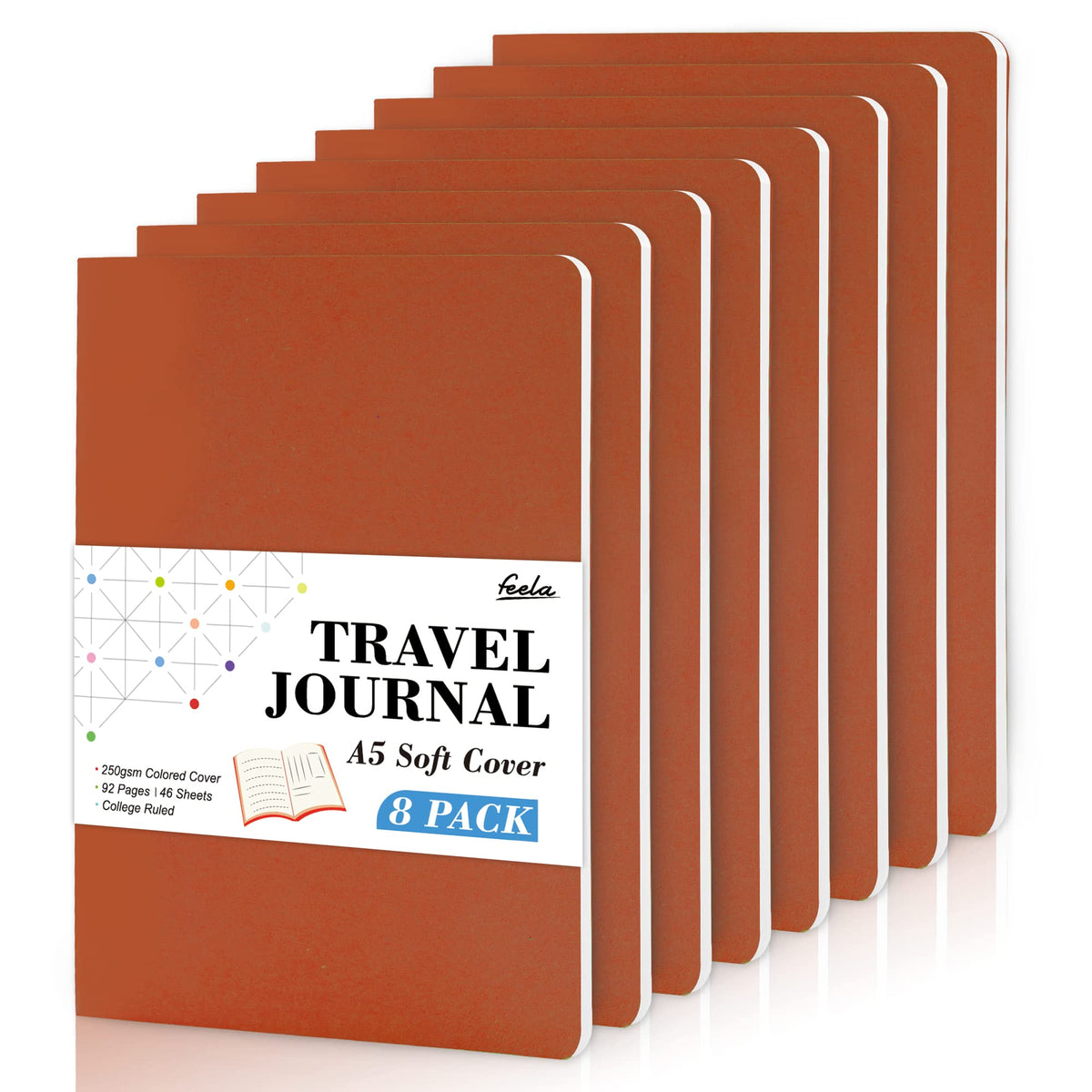 8 Pack Soft Cover Journal Bulk, Feela Notebooks College Ruled for Work, Lined Travel Journal for Women Men, Note Taking Notebook School Supplies Business Writing, 8.2” x 5.5”, A5, Black