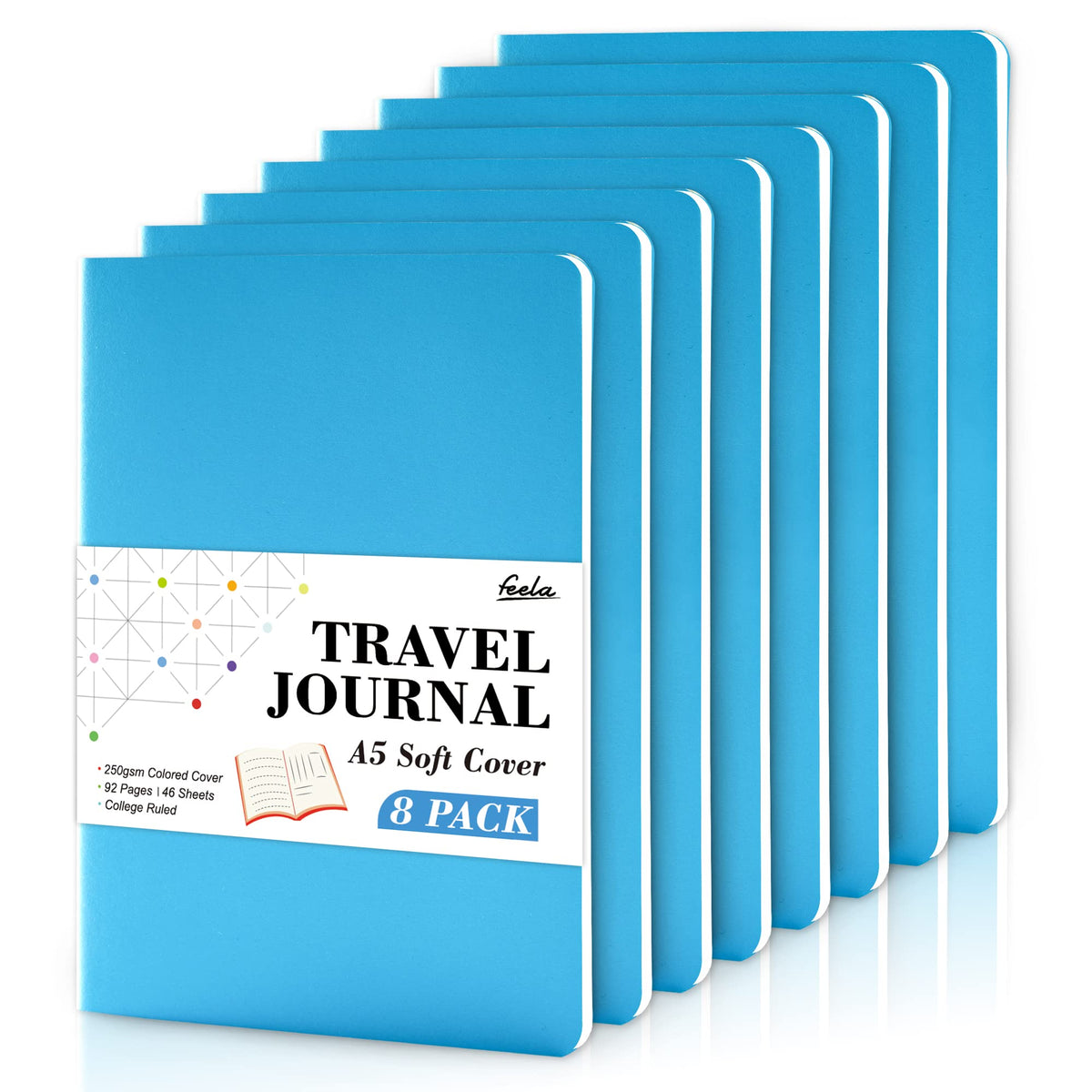 8 Pack Soft Cover Journal Bulk, Feela Notebooks College Ruled for Work, Lined Travel Journal for Women Men, Note Taking Notebook School Supplies Business Writing, 8.2” x 5.5”, A5, Black
