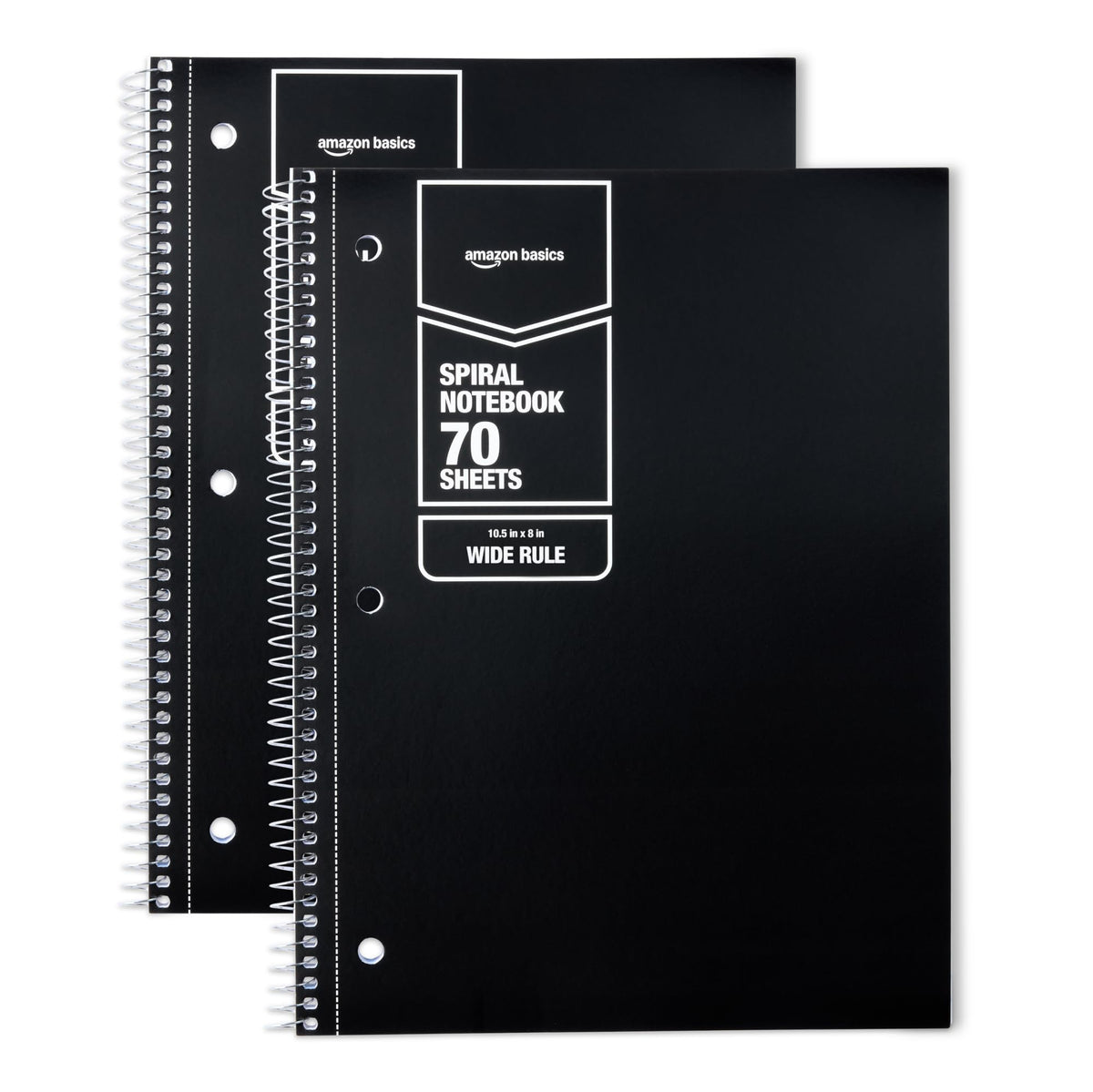 Amazon Basics Wide-Ruled Spiral Notebooks, 8" x 10-1/2", 70 Sheets, Black, 2-Pack