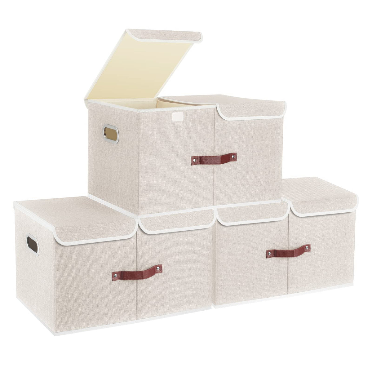 TYEERS Extra Large Collapsible Storage Bins with Lids and Compartments, Washable, Fabric Storage Boxes, 21.7x13x11.8 inches, 2 Pack, Beige