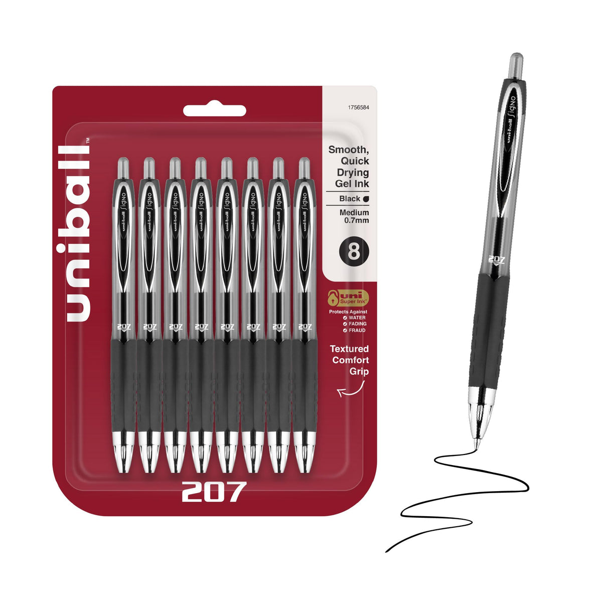 uniball™ 207 Gel Pens, Black Ink, 0.7mm Medium Point, Retractable, 4 Count
