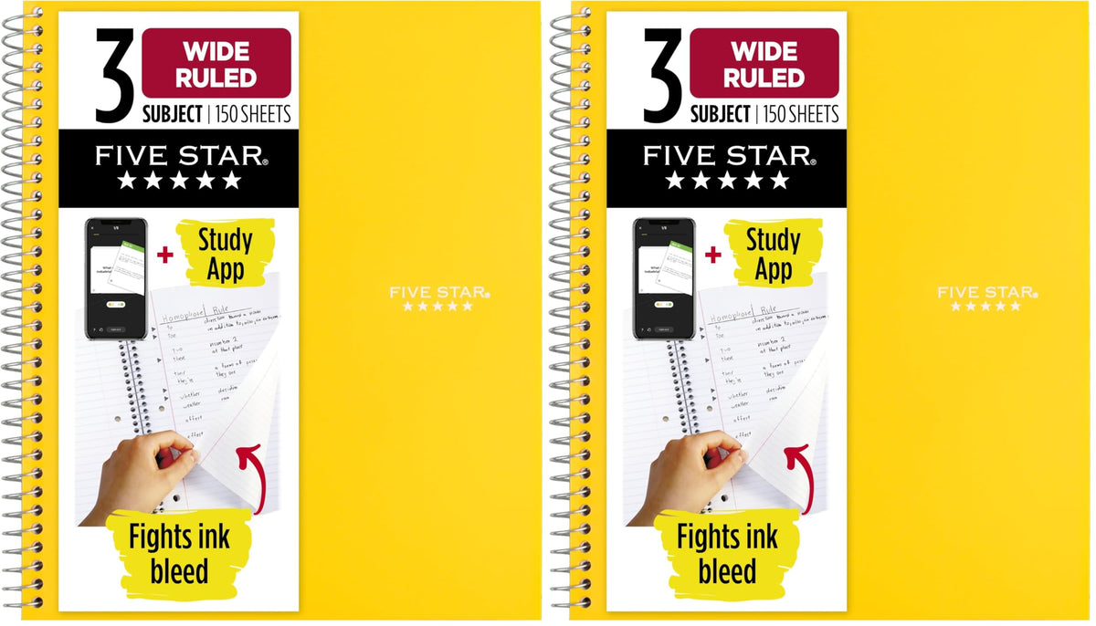 Five Star Spiral Notebook + Study App, 3 Subject, Wide Ruled Paper, 8" x 10-1/2", 150 Sheets, Fights Ink Bleed, Water Resistant Cover, Tidewater Blue (73184)
