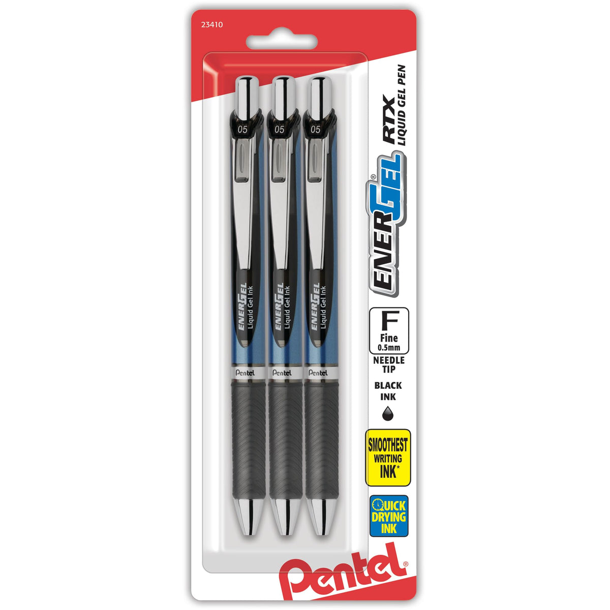 Pentel EnerGel RTX Retractable Liquid Gel Pen, (0.5mm), Fine Line, Needle Tip, Black Ink, Pack of 3 (BLN75BP3A)