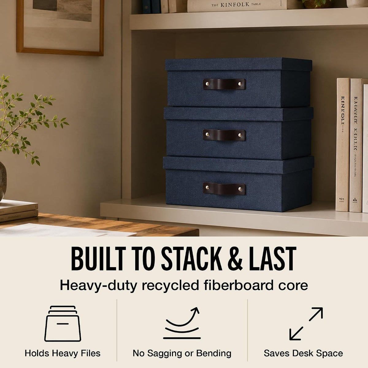 Bigso Oskar Canvas Fiberboard Document Letter Box - File Organizer Box for Important Paperwork - Document Storage with a Lid & Handle - 3.3 in x 10.2 in x 13.8 in - 3 Pack - Blue