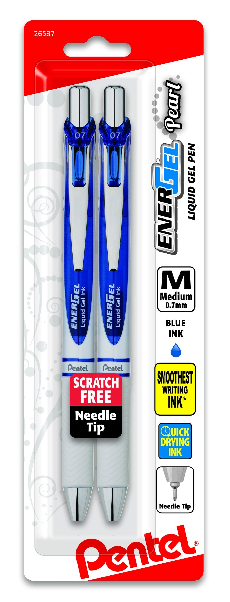 Pentel EnerGel Pearl RTX Retractable Liquid Gel Pen, (0.7mm), Medium Line, Needle Tip, Black Ink, Pack of 2 (BLN77WBP2A)