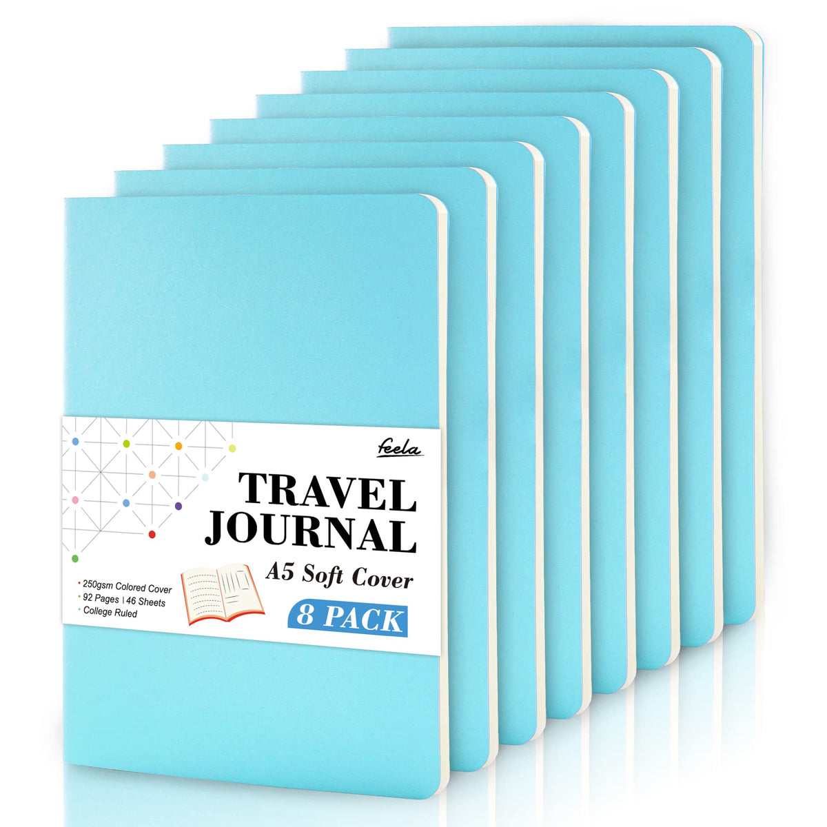 8 Pack Soft Cover Journal Bulk, Feela Notebooks College Ruled for Work, Lined Travel Journal for Women Men, Note Taking Notebook School Supplies Business Writing, 8.2” x 5.5”, A5, Black