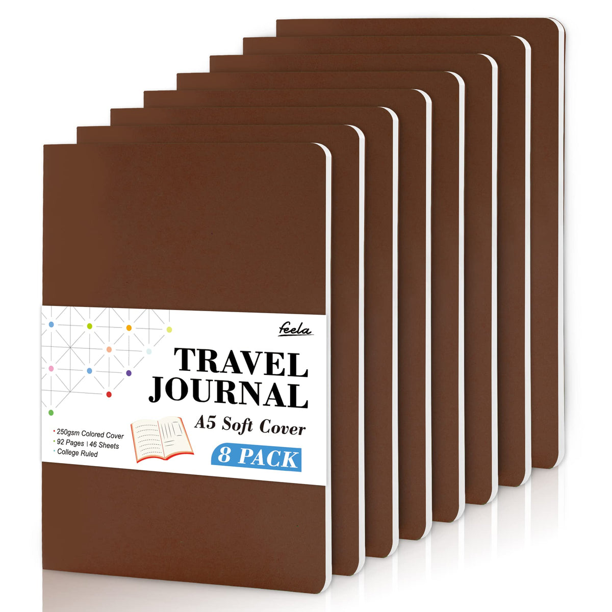 8 Pack Soft Cover Journal Bulk, Feela Notebooks College Ruled for Work, Lined Travel Journal for Women Men, Note Taking Notebook School Supplies Business Writing, 8.2” x 5.5”, A5, Black