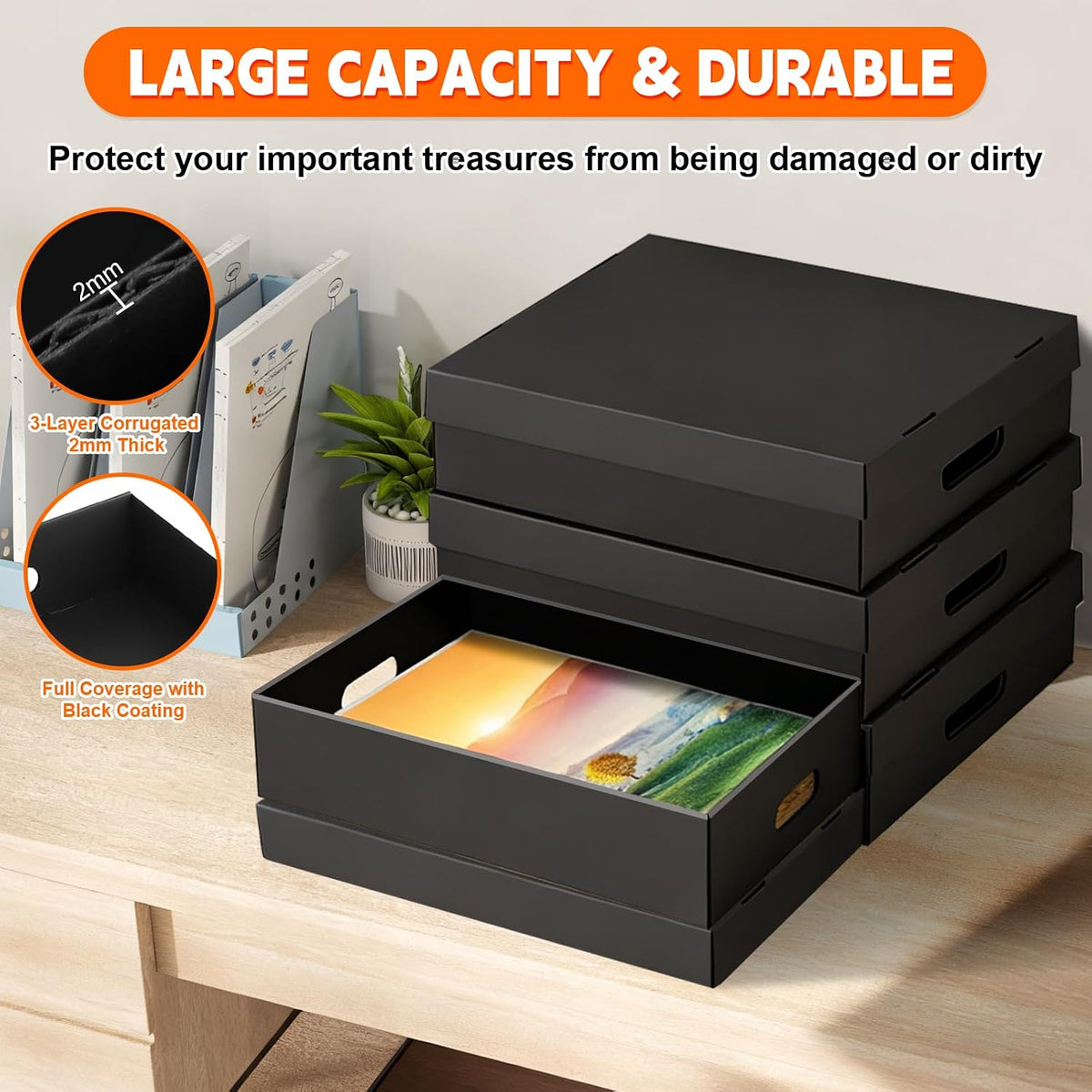 AOBOPLE 4 Pack Photo Storage Box,16" x 12" x 4" Keepsake Box with Handle Holes,Protective Storage Box for Photos Pictures Documents Artwork DIY and Souvenir,Home and Office Organizer