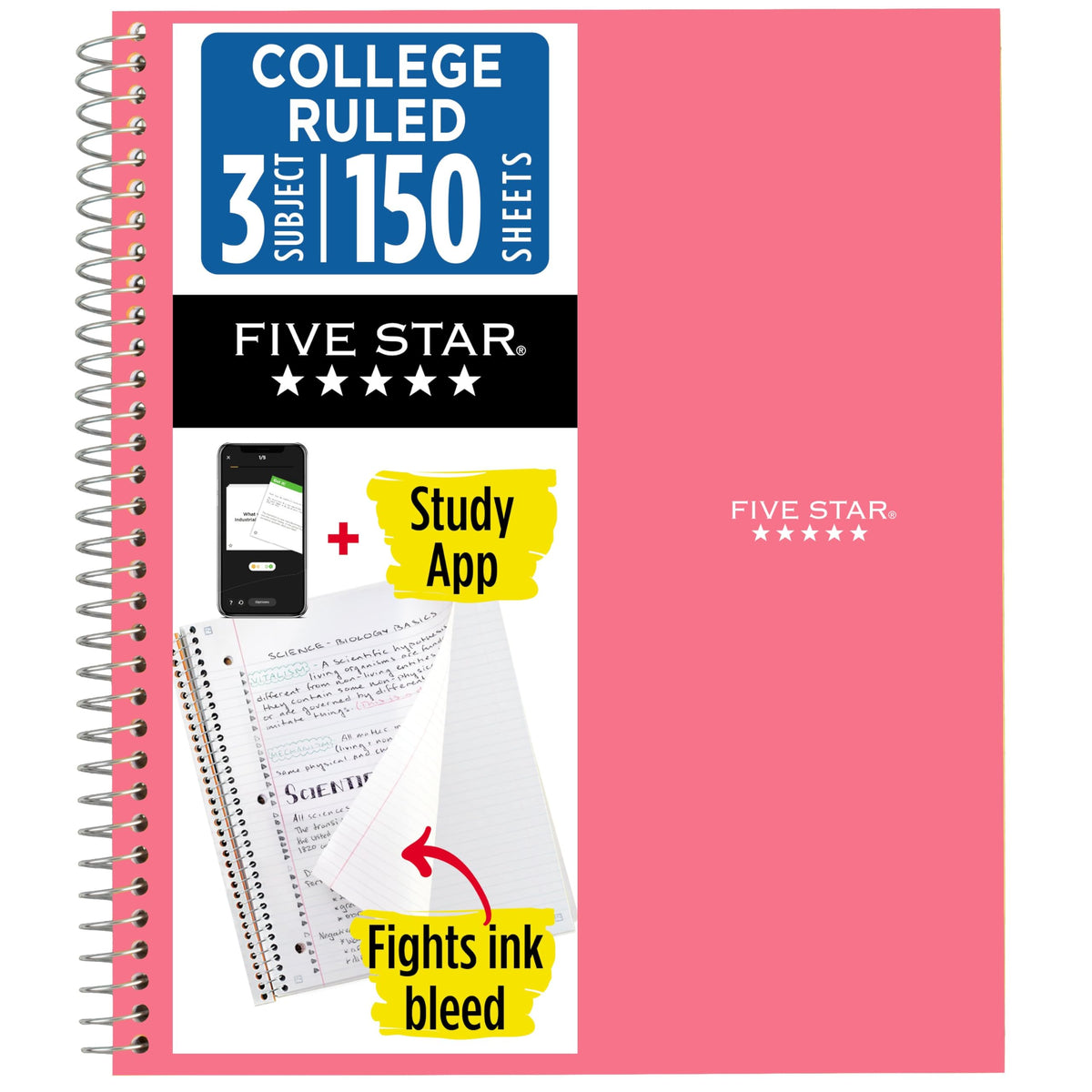 Five Star Spiral Notebook + Study App, 3 Subject, College Ruled Paper, 8-1/2" x 11", 150 Sheets, Fights Ink Bleed, Water Resistant Cover, White (72464)