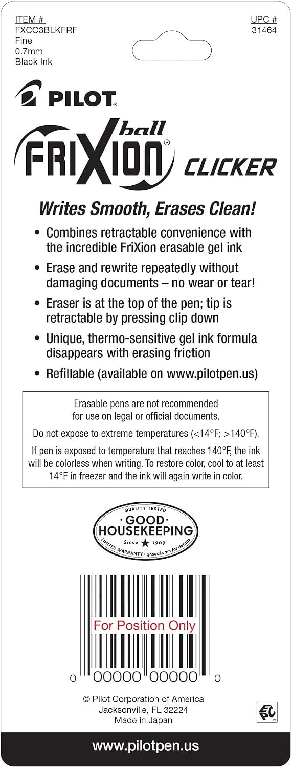 PILOT FriXion Clicker Erasable Pens, Fine Point 0.7 mm, Black Ink, 3-Pack