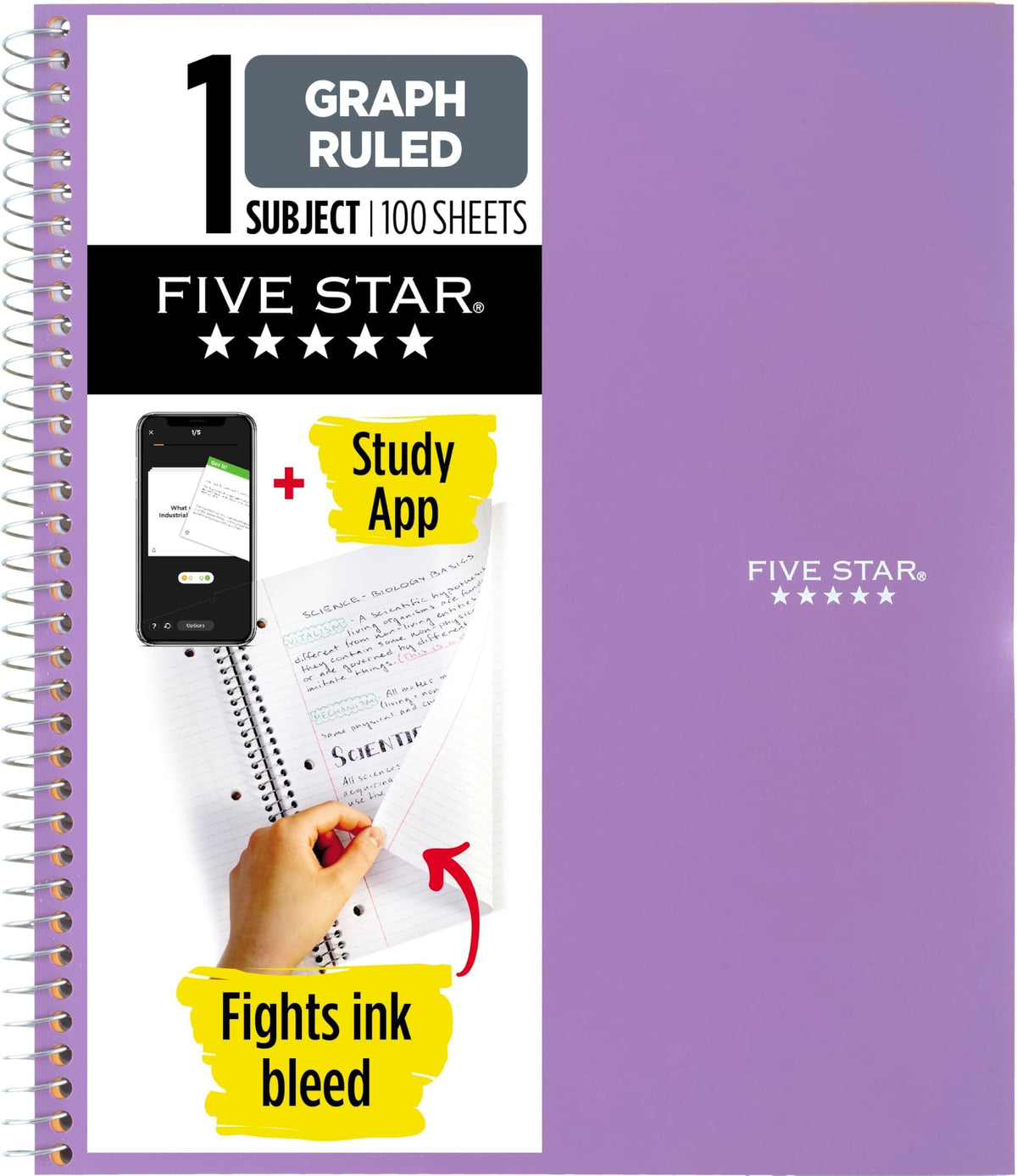 Five Star Spiral Notebook + Study App, 1 Subject, Graph Ruled Paper, 8-1/2" x 11", 100 Sheets, Fights Ink Bleed, Water Resistant Cover, Tidewater Blue (06190AA4)