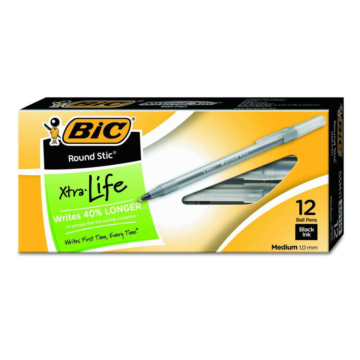 BIC Round Stic Ball Pen, Fine Point, 0.8mm, Black, 12 Pens (GSF11-Blk)