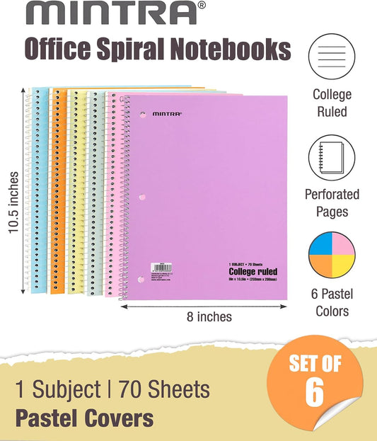 Mintra Office Spiral Notebooks, Wirebound, Journals for School, Work, Business, Aesthetic Stationery, Writing Pads, Teacher & Student Supplies (6, Pastel, College)