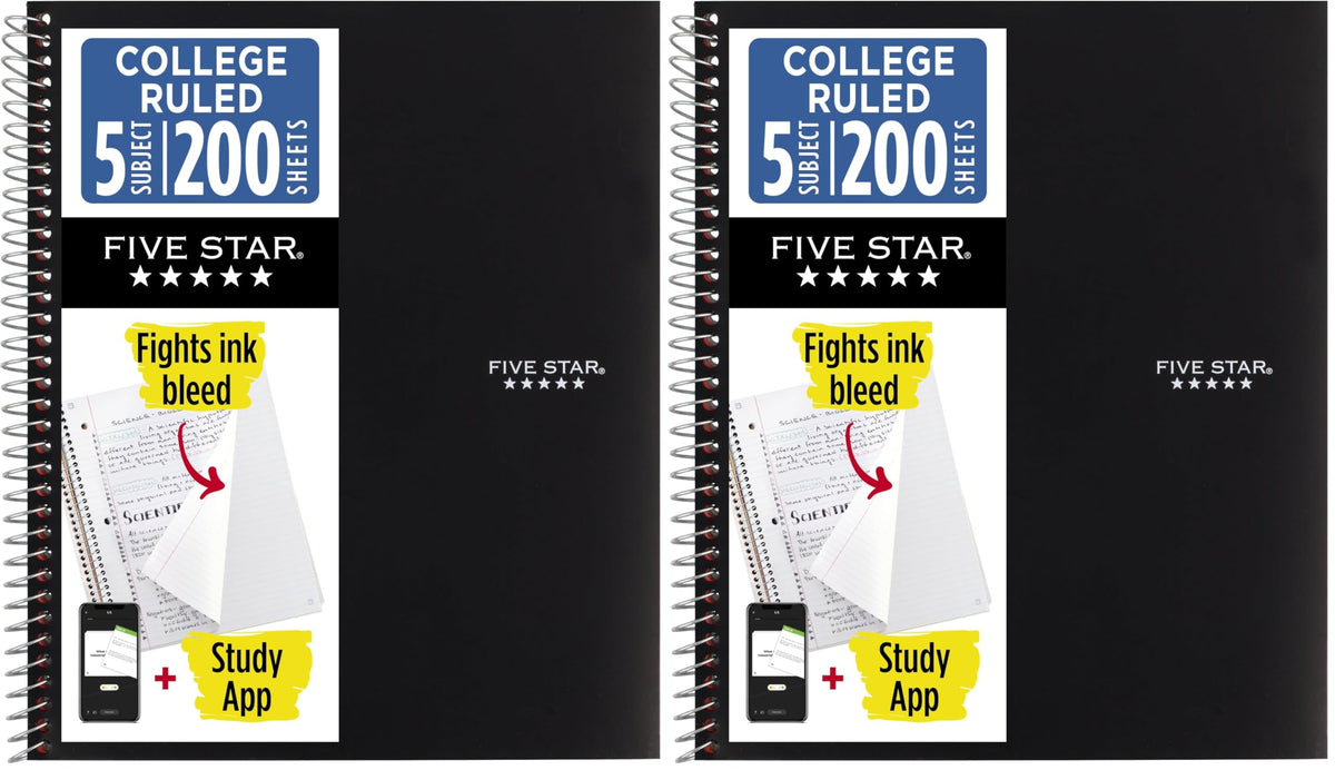 Five Star Spiral Notebook + Study App, 5 Subject, College Ruled Paper, 8.5" x 11", 200 Sheets, Green (Color May Vary) (72079)