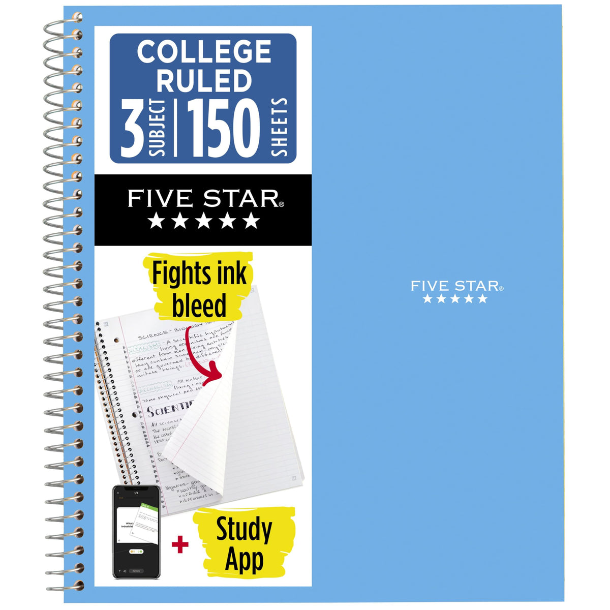 Five Star Spiral Notebook + Study App, 3 Subject, College Ruled Paper, 8-1/2" x 11", 150 Sheets, Fights Ink Bleed, Water Resistant Cover, White (72464)