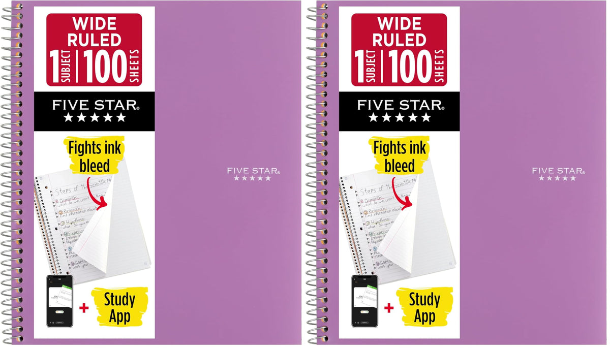 Five Star Spiral Notebook + Study App, 1 Subject, Wide Ruled Paper, 8" x 10-1/2", 100 Sheets, Fights Ink Bleed, Water Resistant Cover, Tidewater Blue (72875)