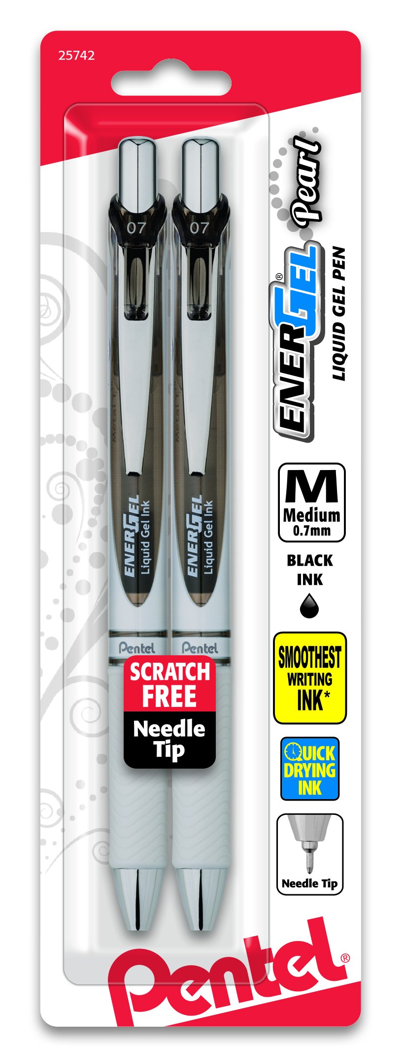 Pentel EnerGel Pearl RTX Retractable Liquid Gel Pen, (0.7mm), Medium Line, Needle Tip, Black Ink, Pack of 2 (BLN77WBP2A)
