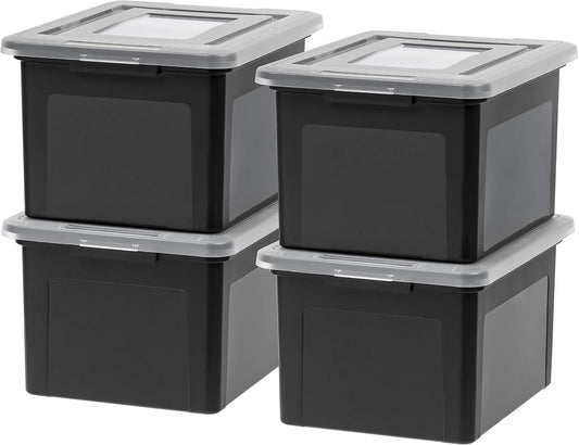 IRIS USA 4-Pack 35 Qt. Letter/Legal File Box with Latching Lid, Black