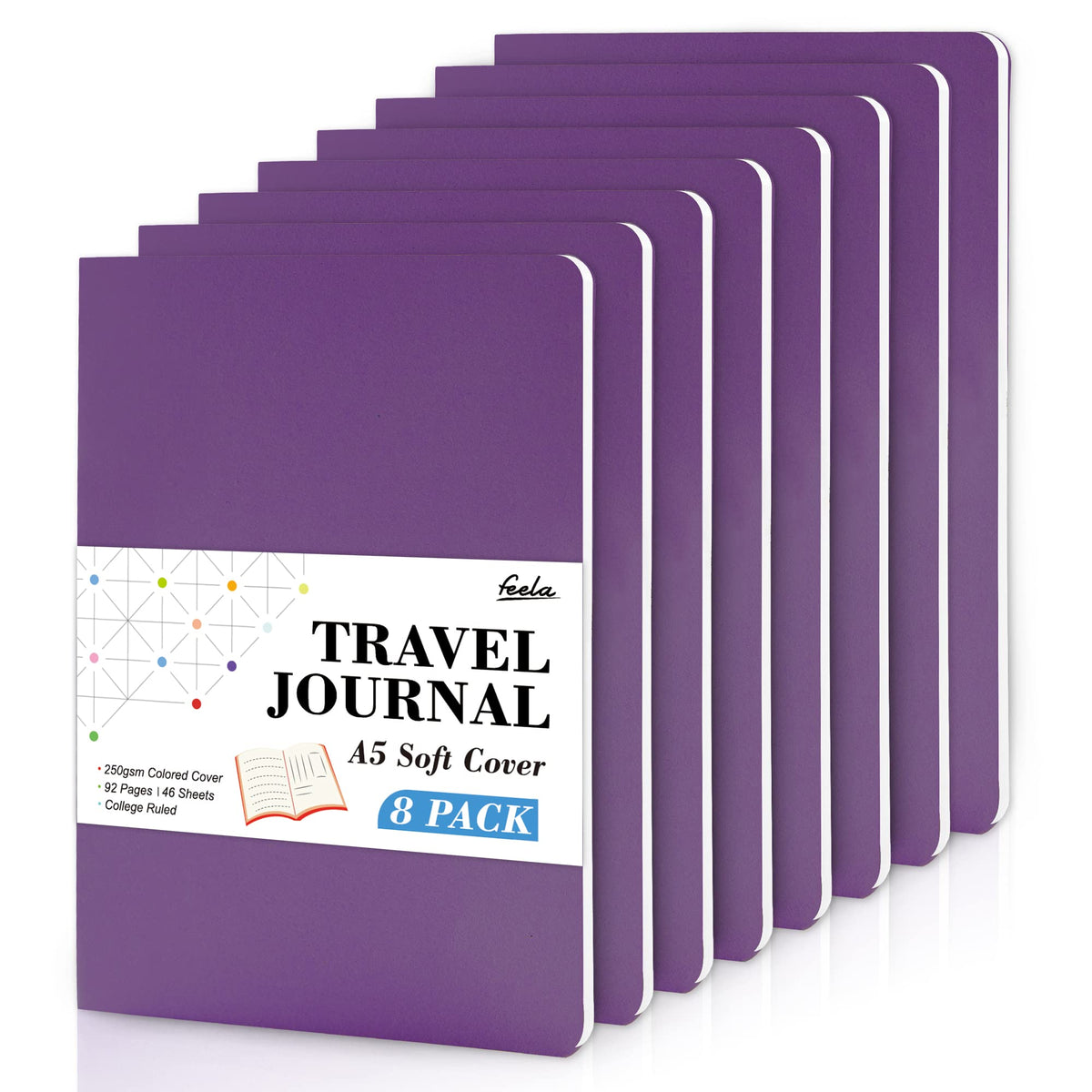 8 Pack Soft Cover Journal Bulk, Feela Notebooks College Ruled for Work, Lined Travel Journal for Women Men, Note Taking Notebook School Supplies Business Writing, 8.2” x 5.5”, A5, Black