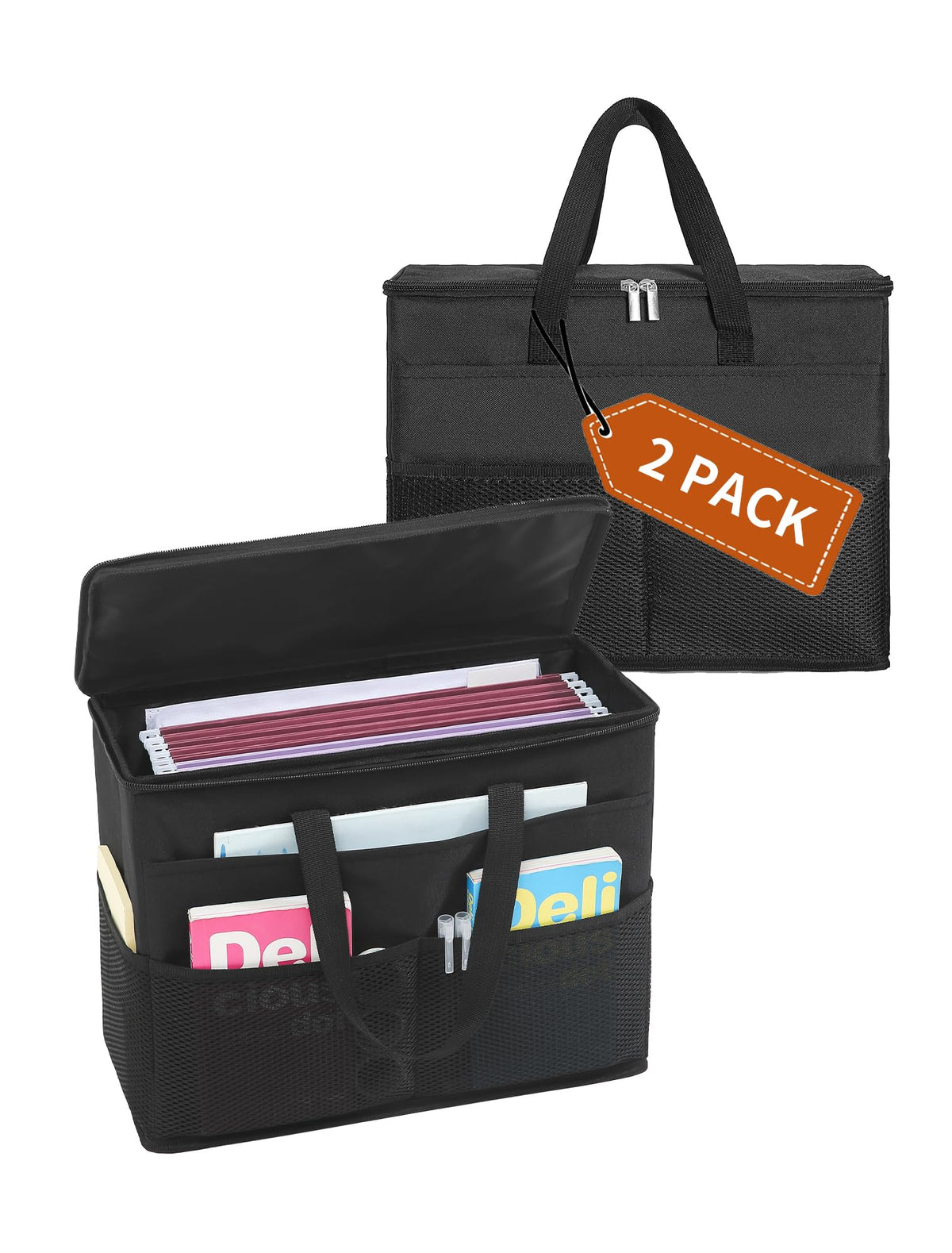 Qozary 2 Pack File Folder Organizer Box-Hanging File Tote Bag With Lids, Collapsible Portable Filing Organizer Box With Handle, Document Storage Bag For Office,Home,Travel, School
