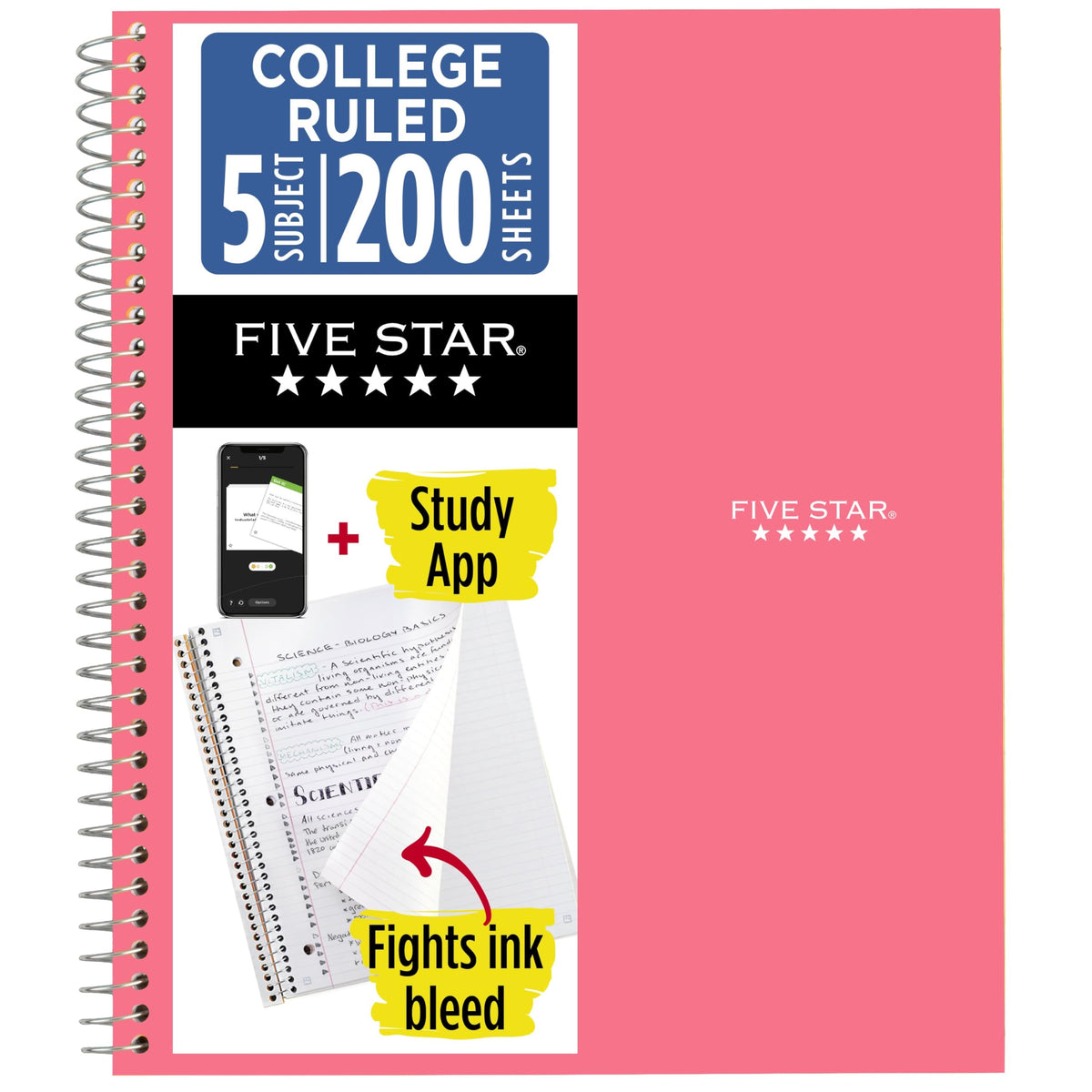 Five Star Spiral Notebook + Study App, 5 Subject, College Ruled Paper, 8.5" x 11", 200 Sheets, Green (Color May Vary) (72079)