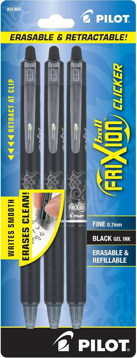 PILOT FriXion Clicker Erasable Pens, Fine Point 0.7 mm, Black Ink, 3-Pack