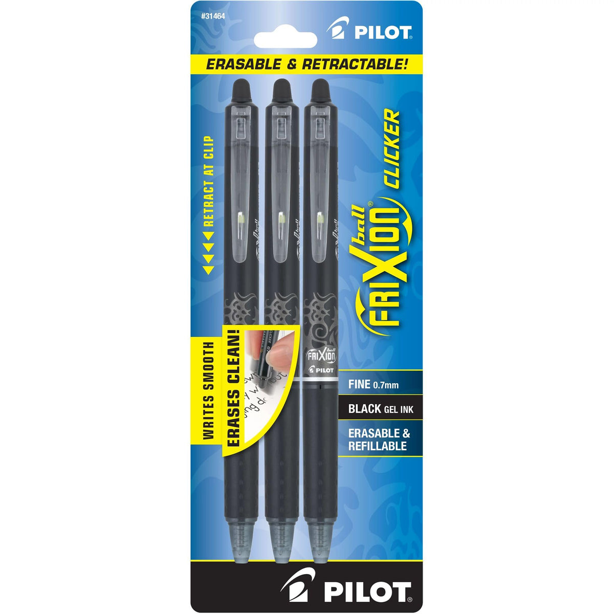 PILOT FriXion Clicker Erasable Pens, Fine Point 0.7 mm, Black Ink, 3-Pack