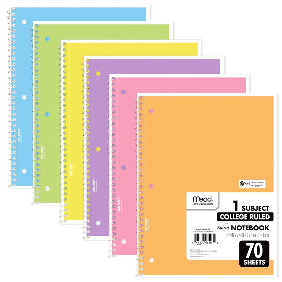 Mead Spiral Notebook, 6 Pack, 1 Subject, Wide Ruled Paper, 7-1/2" x 10-1/2", 70 Sheets per Notebook, Assorted Pastel Colors (930050-ECM)