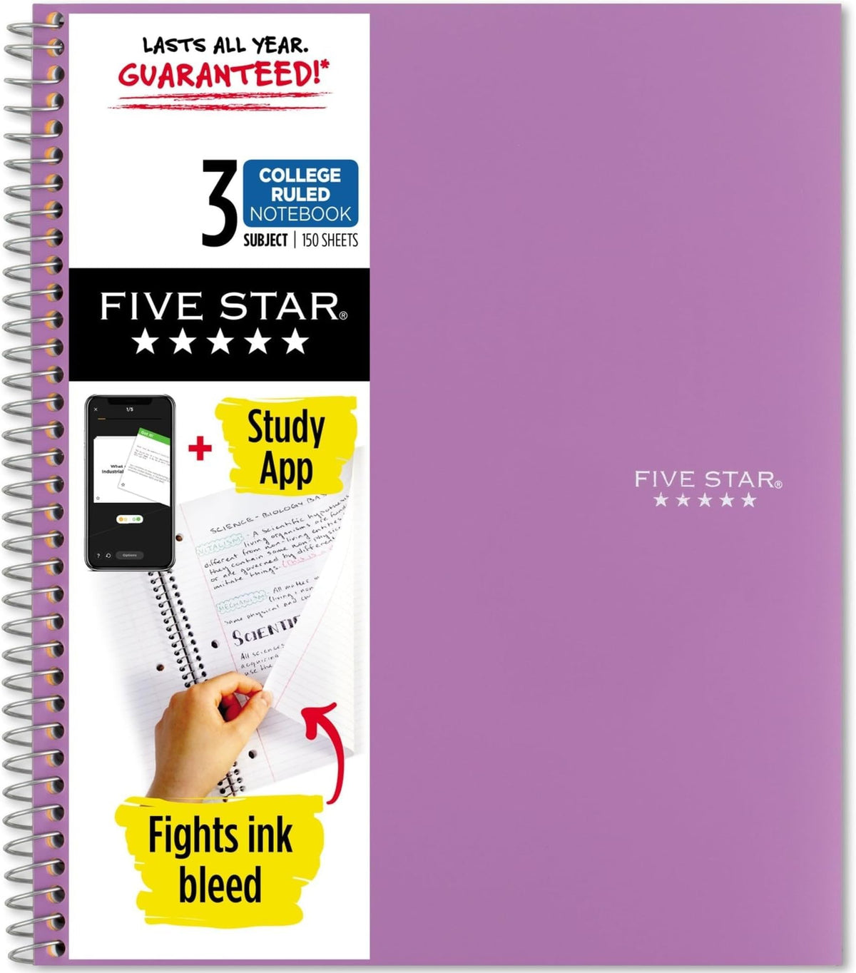 Five Star Spiral Notebook + Study App, 3 Subject, College Ruled Paper, 8-1/2" x 11", 150 Sheets, Fights Ink Bleed, Water Resistant Cover, White (72464)